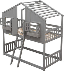 Twin Over Twin House Bunk Beds with Roof and Window, Wooden House Bunk Bed with Window Box and Window Door,Twin Playhouse Bunk Bed with Safety Guardrails and Ladder