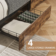 Queen Bed Frame with Bookcase Headboard and 4 Storage Drawers, Vintage Brown