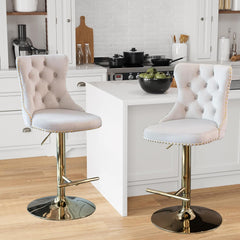 Swivel Bar Stools Set of 2,Adjustable Barstools with Back Velvet Tufted Counter Stool Modern Upholstered, Beige Gold