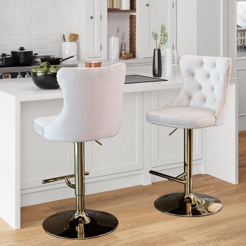 Swivel Bar Stools Set of 2,Adjustable Barstools with Back Velvet Tufted Counter Stool Modern Upholstered, Beige Gold