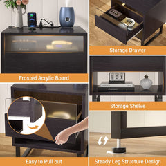 Set of 2 with Charging Station and LED Light, Bedside Table with Large Storage Drawer for Bedroom, Black Night Stand Modern End Table Sofa Side, Black Ebony Wood Color