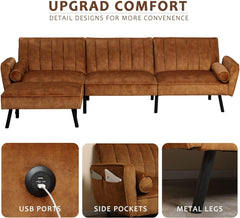 Velvet Sectional Convertible Sofa with Chaise, 107" L Shape Sectional Sofa Couch with USB, Split Back Folding Futon Couch for Living Room (Caramel Brown)
