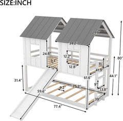 Twin-Over-Twin Wooden House Bunk Bed with Slide, Windows, Ladder and Guardrails, Twin Size White House Bunk Bed