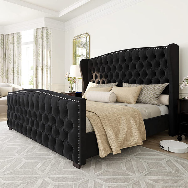 King Size Platform Bed Frame, Velvet Upholstered Bed with Deep Button Tufted & Nailhead Trim Wingback Headboard/No Box Spring Needed/Easy Assembly/Black