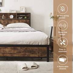 Queen Bed Frame with Bookcase Headboard and 4 Storage Drawers, Vintage Brown