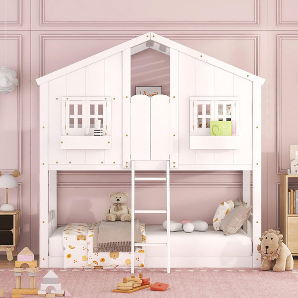 House Bunk Bed Twin Over Twin for Kids, Wood Bunk Beds with Roof, Windows, Window Box and Small Door, Floor Bunk Beds with Ladder and Guard Rails for Girls Boys, White
