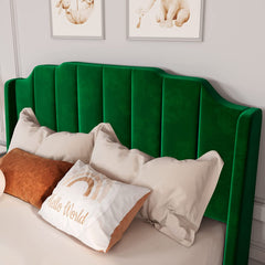 Queen Size Velvet Bed Frame Upholstered Platform Bed with Vertical Headboard and Footboard,Green