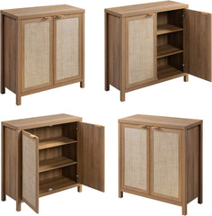 Rattan Sideboard Buffet Cabinet Set of 2 - Farmhouse Kitchen Coffee Bar Cabinet with Rattan Decorated Doors