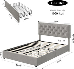 Full Size Bed Frame with 4 Storage Drawers, Grey