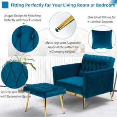 2 Pieces Velvet Sofa Set with Adjustable Armrest and Backrest, 70” Convertible Futon Sofa Bed & Mordern Accent Chair with Ottoman for Living Room, Bedroom, Teal