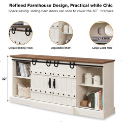 Farmhouse Entertainment Center with Sliding Barn Doors, Rustic Media Console Table with Storage Cabinets for Living Room, Antique White