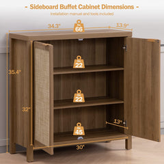 Rattan Sideboard Buffet Cabinet Set of 2 - Farmhouse Kitchen Coffee Bar Cabinet with Rattan Decorated Doors