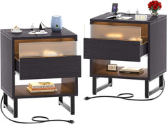 Set of 2 with Charging Station and LED Light, Bedside Table with Large Storage Drawer for Bedroom, Black Night Stand Modern End Table Sofa Side, Black Ebony Wood Color