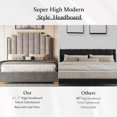 Platform Bed Frame, 61.4" Velvet Upholstered Bed with Gold Trim Headboard/Wooden Slats/No Box Spring Needed/Grey Queen