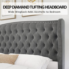 King Size Platform Bed Frame, Velvet Upholstered Bed with Deep Button Tufted & Nailhead Trim Wingback Headboard/No Box Spring Needed/Grey