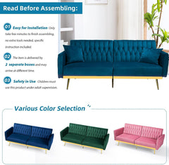 2 Pieces Velvet Sofa Set with Adjustable Armrest and Backrest, 70” Convertible Futon Sofa Bed & Mordern Accent Chair with Ottoman for Living Room, Bedroom, Teal