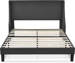 Platform Bed Frame Queen Size with Upholstered Headboard, Dark Grey