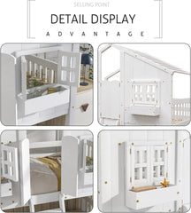 House Bunk Bed Twin Over Twin for Kids, Wood Bunk Beds with Roof, Windows, Window Box and Small Door, Floor Bunk Beds with Ladder and Guard Rails for Girls Boys, White