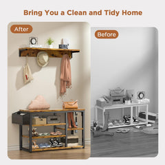 Hall Tree Shoe Bench with Storage, 4 in 1 Coat Rack Set, Industrial Bench with 4 Hooks, 5 Storage Shoe Cubbies, for Entryway, Hallway, Rustic Brown