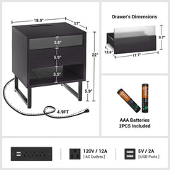 Set of 2 with Charging Station and LED Light, Bedside Table with Large Storage Drawer for Bedroom, Black Night Stand Modern End Table Sofa Side, Black Ebony Wood Color