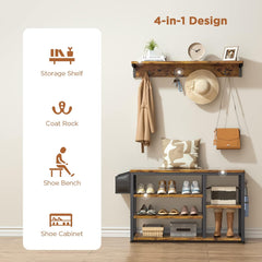 Hall Tree Shoe Bench with Storage, 4 in 1 Coat Rack Set, Industrial Bench with 4 Hooks, 5 Storage Shoe Cubbies, for Entryway, Hallway, Rustic Brown