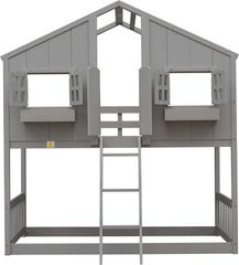 Twin Over Twin House Bunk Beds with Roof and Window, Wooden House Bunk Bed with Window Box and Window Door,Twin Playhouse Bunk Bed with Safety Guardrails and Ladder