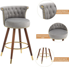 Bar Stools Set of 2, 27.7” Velvet Tufted Counter Height Barstools, 360-Degree Swivel Modern Upholstered Bar Chairs with Back & Footrest for Kitchen Island/Counter/Cafe, Grey