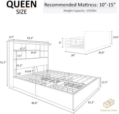 Queen Size Bed Frame Wooden Platform Bed with 51.2" Storage Bookcase Headboard, 4 Storage Drawers & Charging Station/No Box Spring Needed/Noise Free/Rustic Brown