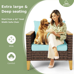 7 Piece Extra Large Wicker Patio Furniture Set, 2 x Single Chair, 2 x Ottoman, 3-Seat Sofa, All-Weather Outdoor PE Rattan Patio Conversation Set for Garden, Backyard(Blue Cushions)