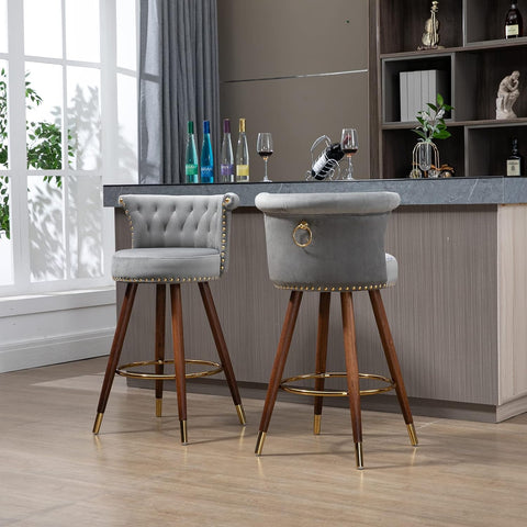 Bar Stools Set of 2, 27.7” Velvet Tufted Counter Height Barstools, 360-Degree Swivel Modern Upholstered Bar Chairs with Back & Footrest for Kitchen Island/Counter/Cafe, Grey