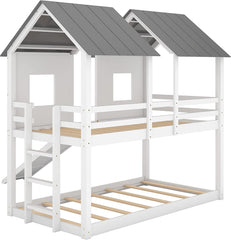 Twin-Over-Twin Wooden House Bunk Bed with Slide, Windows, Ladder and Guardrails, Twin Size White House Bunk Bed