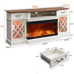 Farmhouse Electric Fireplace TV Stand for TVs up to 80'', Highboy Entertainment Center with Glass Door Storage Cabinet, 70'' Large TV Stand Antique White