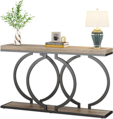 Rustic Accent Table for Living Room, Entrance Table Geometric Metal Frame, Vintage Grey