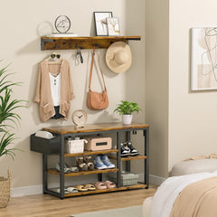 Hall Tree Shoe Bench with Storage, 4 in 1 Coat Rack Set, Industrial Bench with 4 Hooks, 5 Storage Shoe Cubbies, for Entryway, Hallway, Rustic Brown