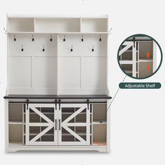 Farmhouse Entryway Bench with Coat Rack, 20 Shoe Cubbies & 12 Coat Hooks Wide Hall Tree with Shoe Storage Bench, Mudroom Storage Cabinet (White)