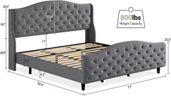 Modern Upholstered King Bed Frame,Button Tufted Headboard and Footboard Design Solid Wooden Slat Support Easy Assembly, Grey