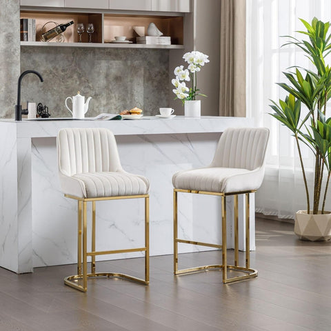 Beige Velvet Bar Stools Set of 2 Modern Counter Stools with Gold Legs 26 Inch Counter Height Bar Stools Upholstered Kitchen Island Chairs with Back