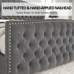 King Size Platform Bed Frame, Velvet Upholstered Bed with Deep Button Tufted & Nailhead Trim Wingback Headboard/No Box Spring Needed/Grey