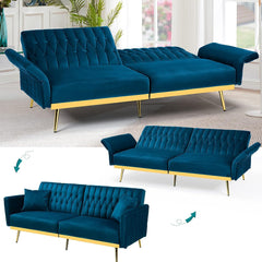 2 Pieces Velvet Sofa Set with Adjustable Armrest and Backrest, 70” Convertible Futon Sofa Bed & Mordern Accent Chair with Ottoman for Living Room, Bedroom, Teal