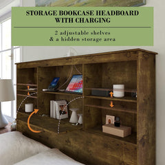 Queen Size Bed Frame Wooden Platform Bed with 51.2" Storage Bookcase Headboard, 4 Storage Drawers & Charging Station/No Box Spring Needed/Noise Free/Rustic Brown