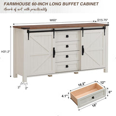 Farmhouse Sideboard Buffet Cabinet with Storage, 60" Large Kitchen Cabinet w/Sliding Barn Doors and 4 Drawers, 31.2'' Tall Wood Coffee Bar Table for Dining Room, Antique White