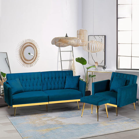 2 Pieces Velvet Sofa Set with Adjustable Armrest and Backrest, 70” Convertible Futon Sofa Bed & Mordern Accent Chair with Ottoman for Living Room, Bedroom, Teal