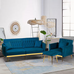 2 Pieces Velvet Sofa Set with Adjustable Armrest and Backrest, 70” Convertible Futon Sofa Bed & Mordern Accent Chair with Ottoman for Living Room, Bedroom, Teal