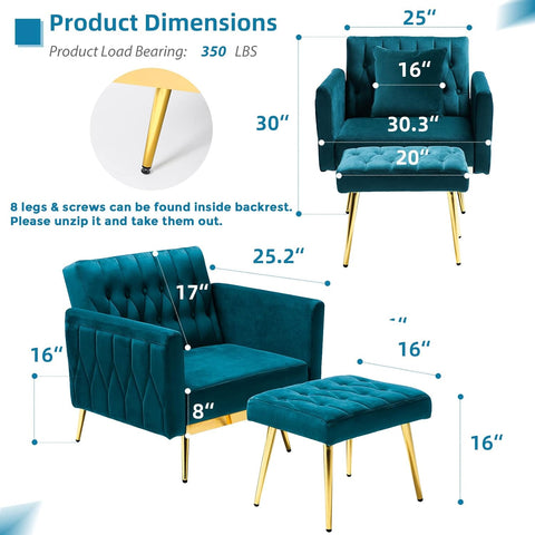 2 Pieces Velvet Sofa Set with Adjustable Armrest and Backrest, 70” Convertible Futon Sofa Bed & Mordern Accent Chair with Ottoman for Living Room, Bedroom, Teal