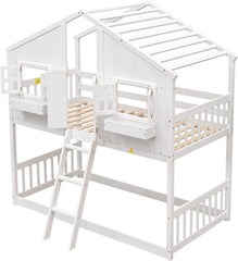 House Bunk Bed Twin Over Twin for Kids, Wood Bunk Beds with Roof, Windows, Window Box and Small Door, Floor Bunk Beds with Ladder and Guard Rails for Girls Boys, White