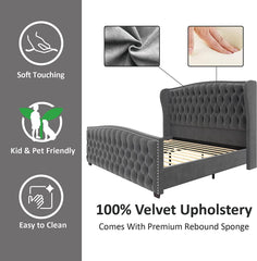 King Size Platform Bed Frame, Velvet Upholstered Bed with Deep Button Tufted & Nailhead Trim Wingback Headboard/No Box Spring Needed/Grey