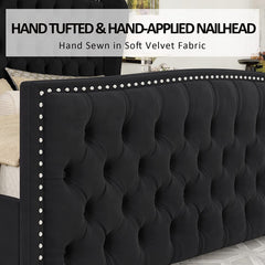 King Size Platform Bed Frame, Velvet Upholstered Bed with Deep Button Tufted & Nailhead Trim Wingback Headboard/No Box Spring Needed/Easy Assembly/Black