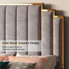 Platform Bed Frame, 61.4" Velvet Upholstered Bed with Gold Trim Headboard/Wooden Slats/No Box Spring Needed/Grey Queen