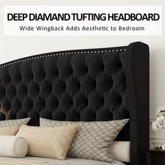 King Size Platform Bed Frame, Velvet Upholstered Bed with Deep Button Tufted & Nailhead Trim Wingback Headboard/No Box Spring Needed/Easy Assembly/Black