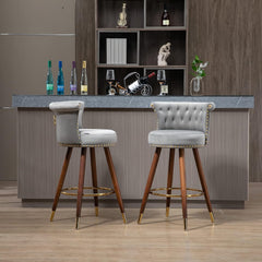 Bar Stools Set of 2, 27.7” Velvet Tufted Counter Height Barstools, 360-Degree Swivel Modern Upholstered Bar Chairs with Back & Footrest for Kitchen Island/Counter/Cafe, Grey